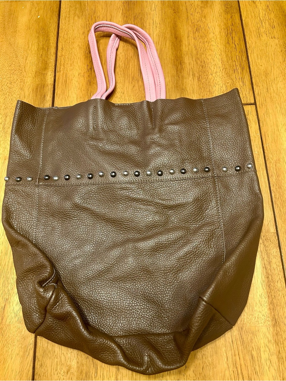 Pierre Darre Pebbled Brown Leather Tote with Pink Handles and Stud Accent